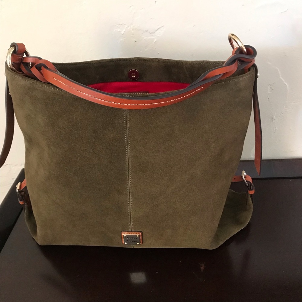 Dooney & Bourke Olive Suede Shoulder Bag with Tan Trim and Red Lining